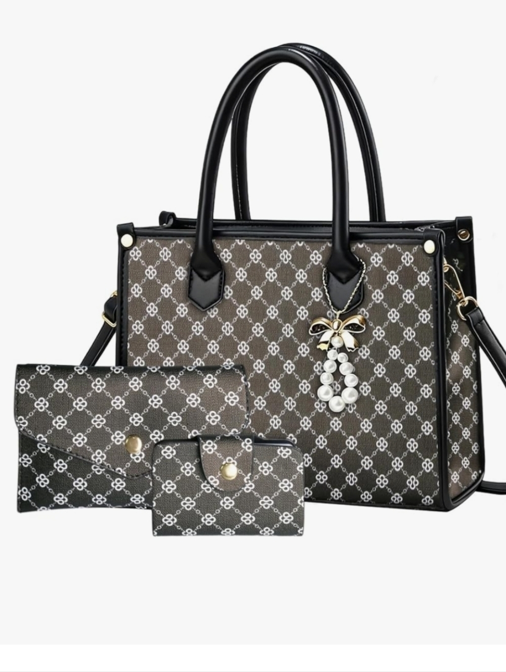 Black Patterned Women’s Tote Bag with Matching Wallets